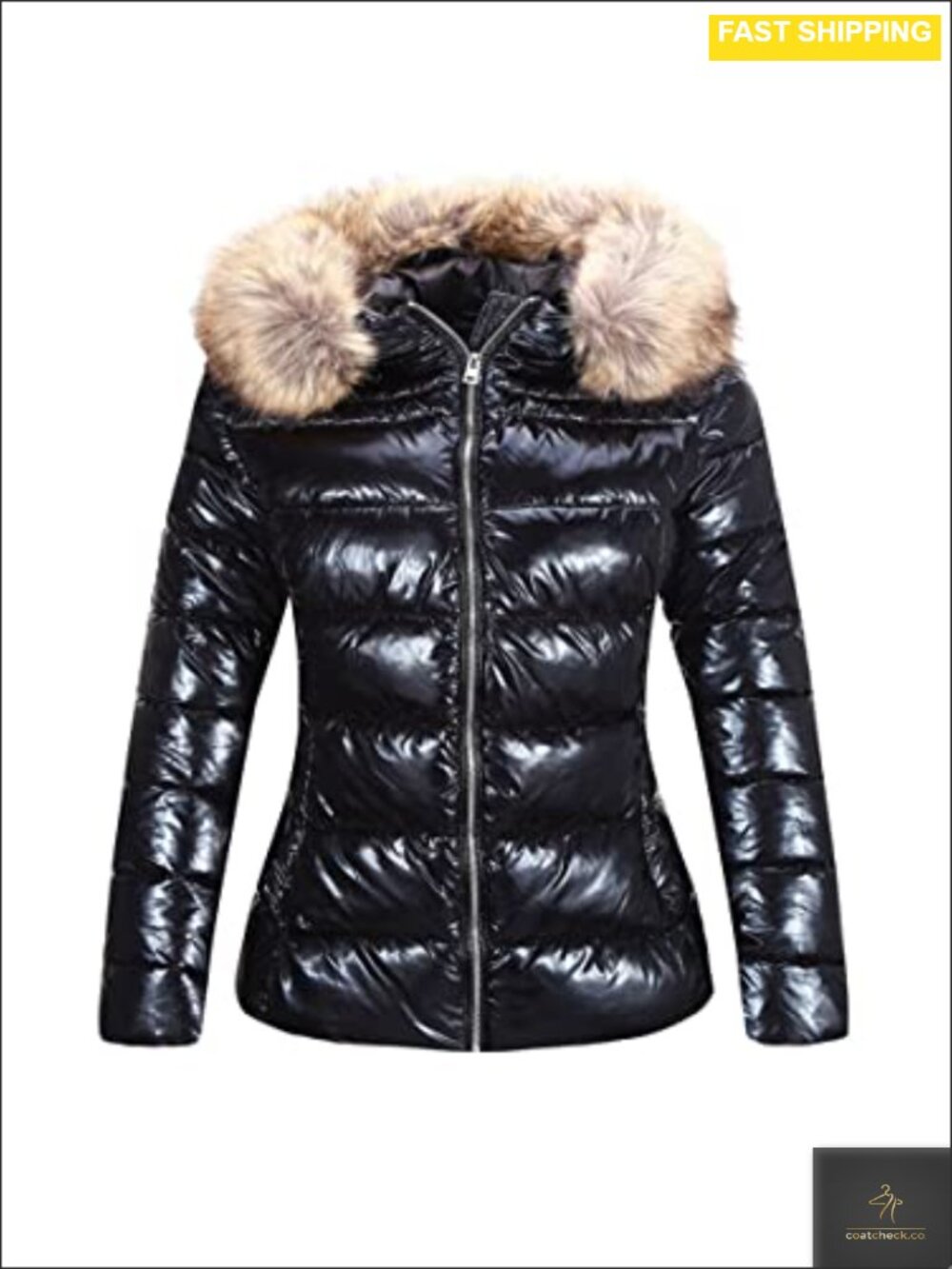 Quilted Puffer Jacket Slim Fit Hooded Winter Coat Faux Fur Collar